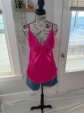 Feminine Hot Pink Lace-Trim Satin Camisole with Adjustable Straps